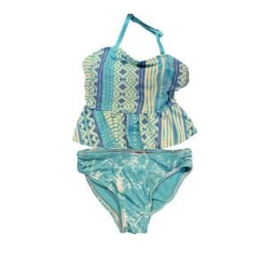 Old Navy Little Girls XS Tankini Teal Blue  Pattern Peplum Hem Halter Strap